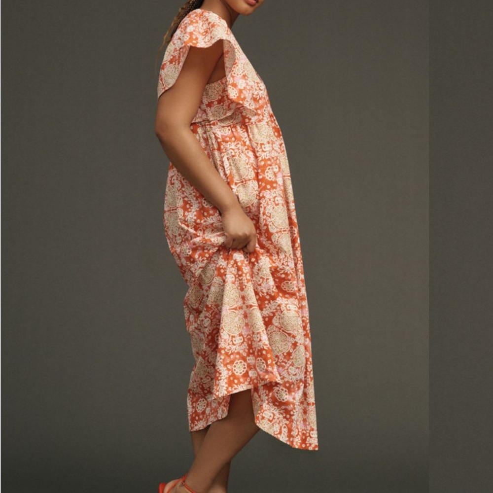 Maeve Coral and Beige Patterned Midi Dress - Picture 3 of 10